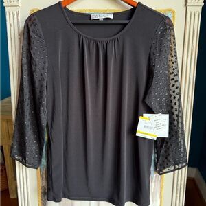 Kasper Black Blouse with Sheer Embellished Sleeves